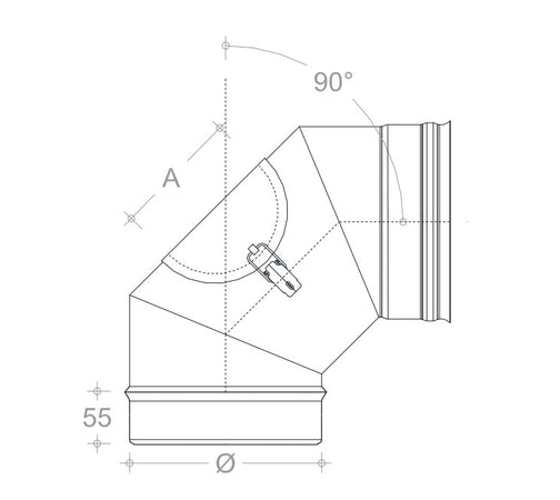 Curva gomito MF da 80mm con ispezione aderente in acciaio inox AISI 304