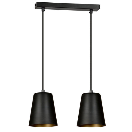 Lampadario 2 Luci Milargo In Acciaio Nero Con Paralumi A Cono In Nero E Oro