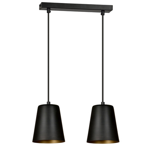 Lampadario 2 Luci Milargo In Acciaio Nero Con Paralumi A Cono In Nero E Oro