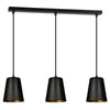 Lampadario 3 Luci Milargo In Acciaio Nero Con Paralumi A Cono In Nero E Oro