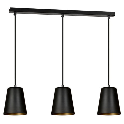 Lampadario 3 Luci Milargo In Acciaio Nero Con Paralumi A Cono In Nero E Oro
