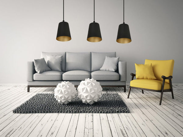 Lampadario 3 Luci Milargo In Acciaio Nero Con Paralumi A Cono In Nero E Oro