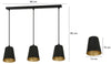 Lampadario 3 Luci Milargo In Acciaio Nero Con Paralumi A Cono In Nero E Oro