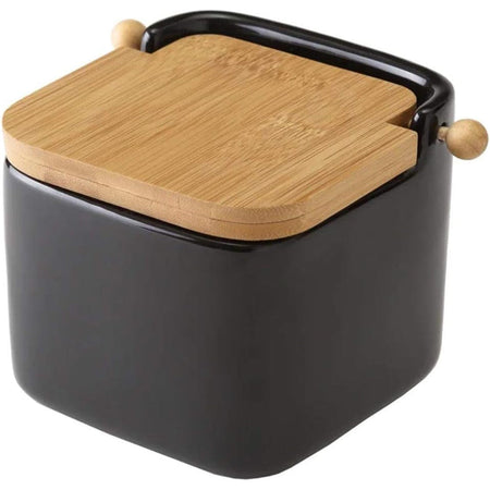Barattolo Ceramica Tappo Legno Bambu Sale Zucchero Caffe Saliera 0,7lt Nero