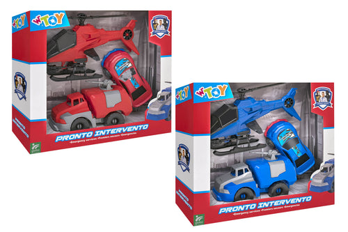 Set con elicottero, camio, auto polizia e pompieri - 2 ass.