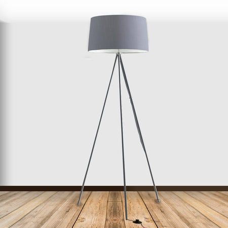 Lampada da Terra Treppiedi Grigia Metallo Paralume Tessuto Inteno Moderno E27