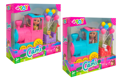 Bambolina con trenino, gatto e palloncini.