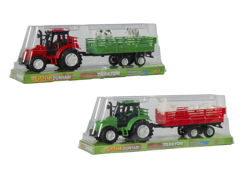 Trattore a frizione con rimorchio e animali