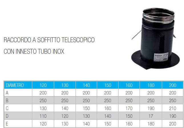 Raccordo a soffitto telescopico da 180mm con innesto per tubo inox per stufa a legna