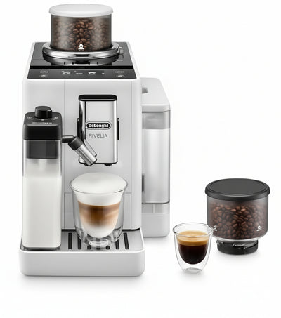 De'Longhi Rivelia EXAM440.55.W Fully Automatic Coffee Machine, LatteCrema Milk System, Interchangeable Bean Container, 16 Coffee/Milk Drinks, Extra Shot Function, 3.5 Inch Touch Display, White