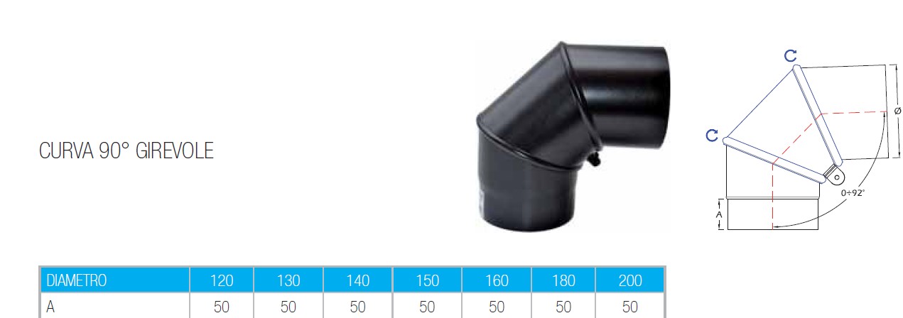 Curva a 90 gradi girevole da 120mm per stufa a legna