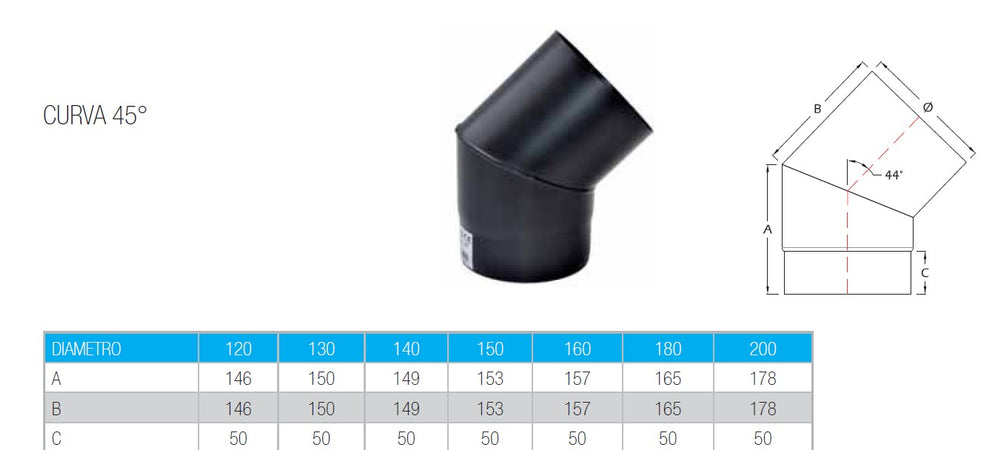 Curva a 45 gradi da 160mm per stufa a legna