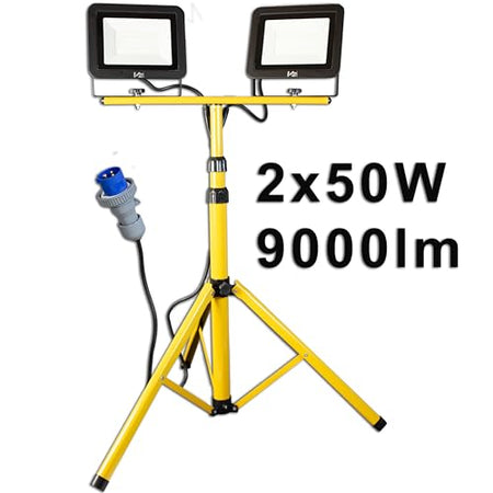 Faretto LED Professionale da cantiere con treppiede telescopico Giallo e spina industriale CEE - 60 e 100 Watt - ElettroWatt.eu