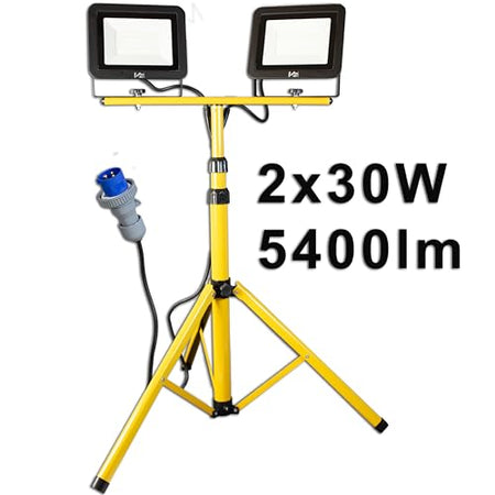 Faretto LED Professionale da cantiere con treppiede telescopico Giallo e spina industriale CEE - 60 e 100 Watt - ElettroWatt.eu
