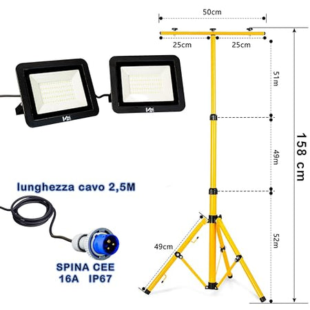 Faretto LED Professionale da cantiere con treppiede telescopico Giallo e spina industriale CEE - 60 e 100 Watt - ElettroWatt.eu