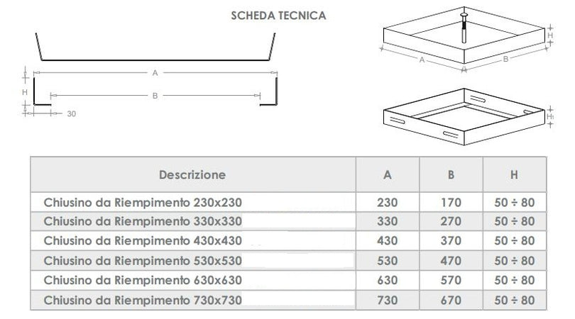 Sigillo 230 x 230 x H 80mm chiusino di acciaio inox leggero da riempimento