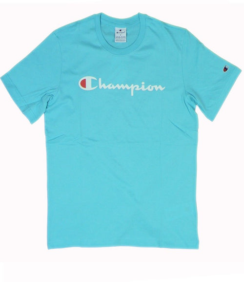 Champion TEE Light Cotton Jersey Uomo Logo Grande Cotone Celeste