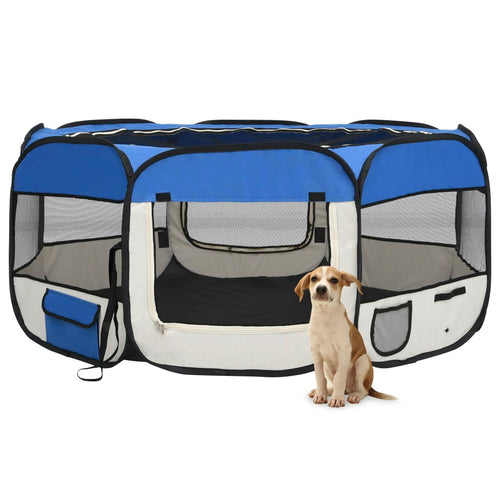 Box per Cani Gatti Pieghevole Traspirante con Borsa Trasporto Blu 145x145x61 cm