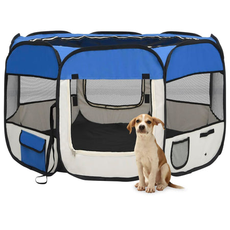 Box per Cani Gatti Pieghevole con Borsa Trasporto Blu 110x110x58 cm