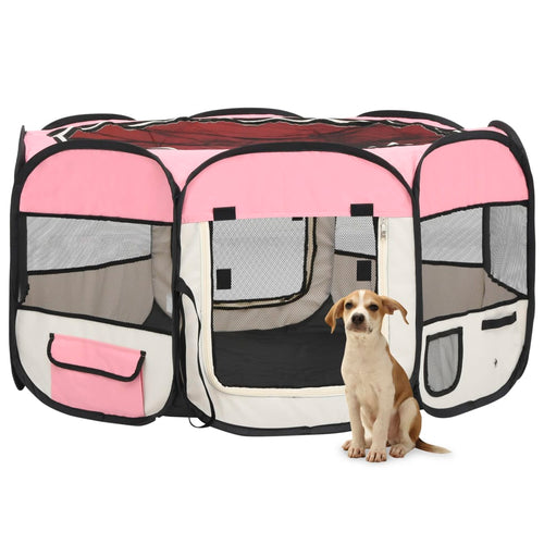 Box per Cani Gatti Pieghevole Traspirante con Borsa Trasporto Rosa 125x125x61 cm