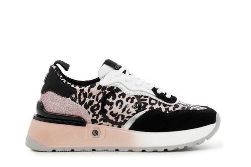 SNEAKERS ALLACCIATA IN PELLE SCAMOSCIATAE TESSUTO LEOPARDATO