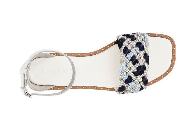 SANDALO CHIUSO DIETRO FASCIA STRASS E RAFFIA INTRECCIATA