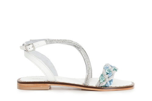 SANDALO INCROCIO FASCIA STRASS E RAFFIAINTRECCIATA