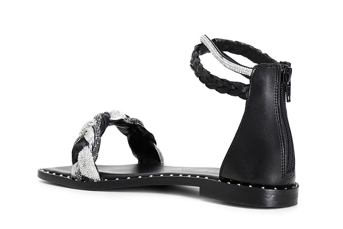 SANDALO FASCIA STRASS E RAFFIA INTRECCIATA ZIP DIETRO