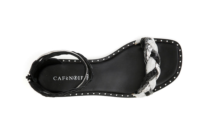 SANDALO FASCIA STRASS E RAFFIA INTRECCIATA ZIP DIETRO