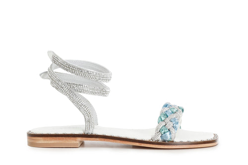 SANDALO LACCIO ALLA CAVIGLIA FASCIA STRASS E RAFFIA INTRECCIATA