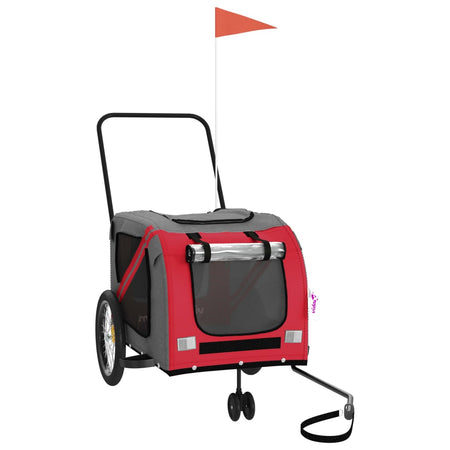 Rimorchio da Bici per Cani da Trasporto Rosso e Grigio Oxford e Ferro