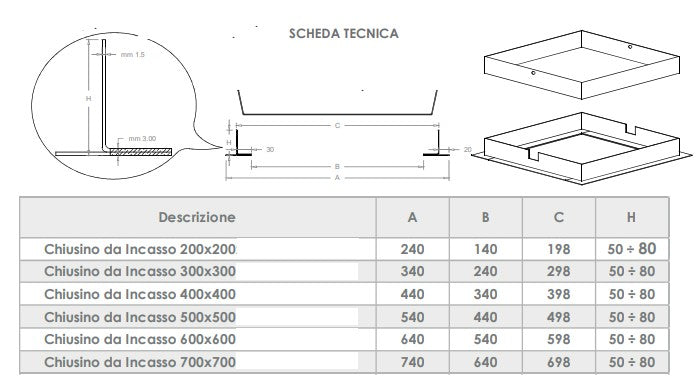Sigillo 700 x 700 x H 80mm chiusino di lamiera zincata pesante da incasso