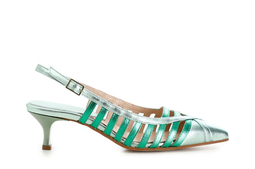 SCARPE GABBIA APERTE DIETRO IN PELLE METALLIZZATA
