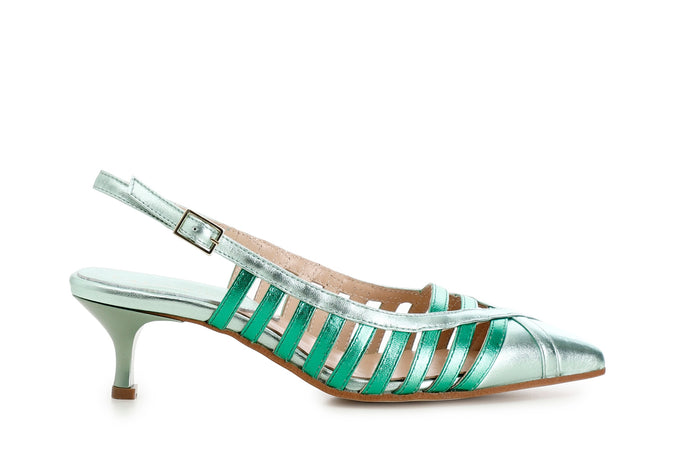 SCARPE GABBIA APERTE DIETRO IN PELLE METALLIZZATA