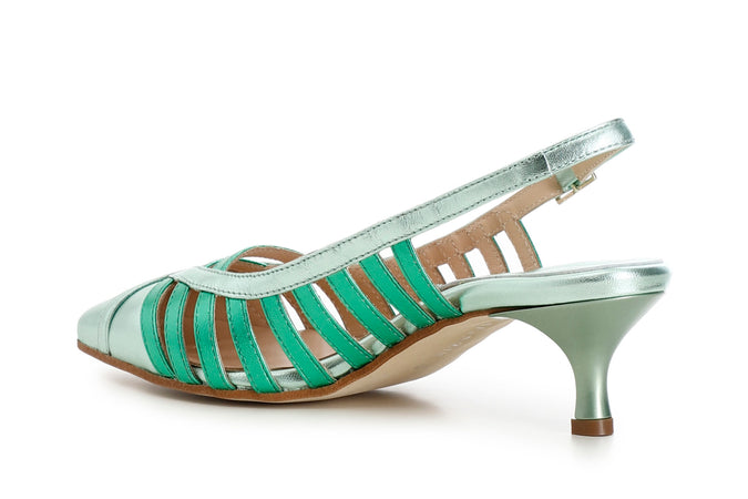 SCARPE GABBIA APERTE DIETRO IN PELLE METALLIZZATA