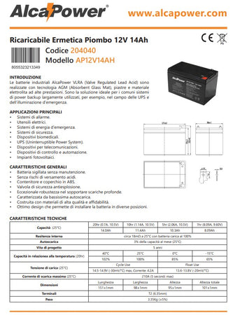 Alca Power batteria al piombo da 12V 14Ah ricaricabile per UPS e illuminazione di emergenza