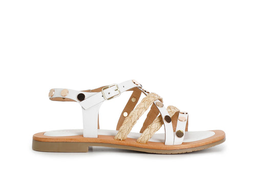 SANDALO ASIMMETRICO IN PELLE E RAFFIA