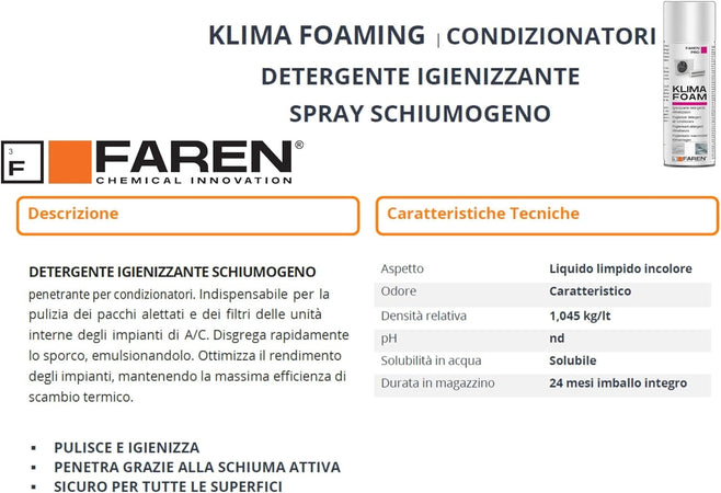 Faren KLIMA FOAM 400ml pulitore spray schiumogeno igienizzante per climatizzatori