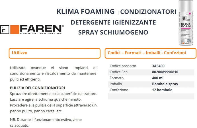 Faren KLIMA FOAM 400ml pulitore spray schiumogeno igienizzante per climatizzatori