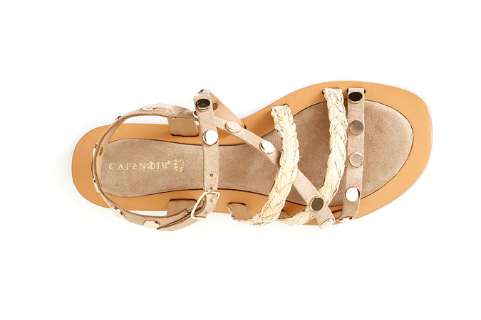 SANDALO ASIMMETRICO IN PELLE SCAMOSCIATA E RAFFIA