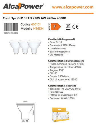 Alca Power GU10 6W 175-250V 470LM 4000K lampadina dicroica led box da 3pz