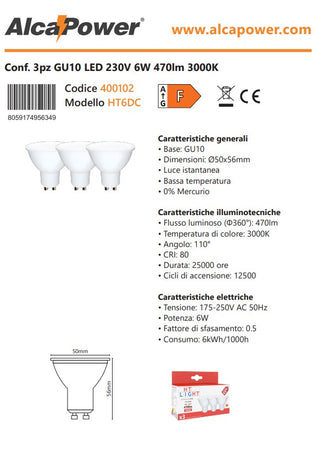 Alca Power GU10 6W 175-250V 470LM 3000K lampadina dicroica led box da 3pz