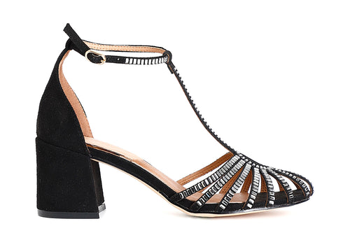 SANDALO GABBIA A T IN MICROFIBRA E STRASS