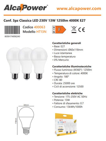 Alca Power A60 13W 175-250V 1250LM 4000K E27 lampada classica a led box da 3pz