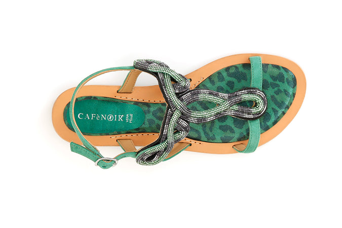 SANDALO INFRADITO IN CAMOSCIO E STAMPA MACULATA CON ACCESSORIO STRASS