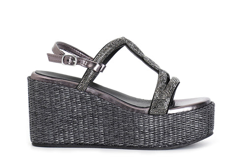 SANDALO DOPPIA FASCIA CON MOTIVO IN STRASS ZEPPA FASCIA RAFIA
