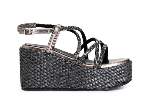 SANDALO CON LACCI INCROCIO IN STRASS ZEPPA FASCIA RAFIA