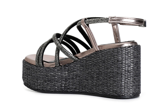 SANDALO CON LACCI INCROCIO IN STRASS ZEPPA FASCIA RAFIA