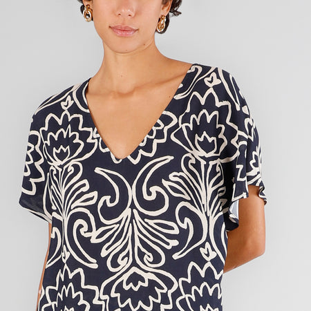 BLUSA SCOLLO A V IN MAROCAINE STAMPATO