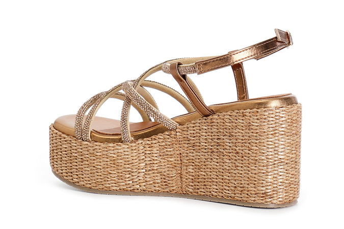 SANDALO CON LACCI INCROCIO IN STRASS ZEPPA FASCIA RAFIA